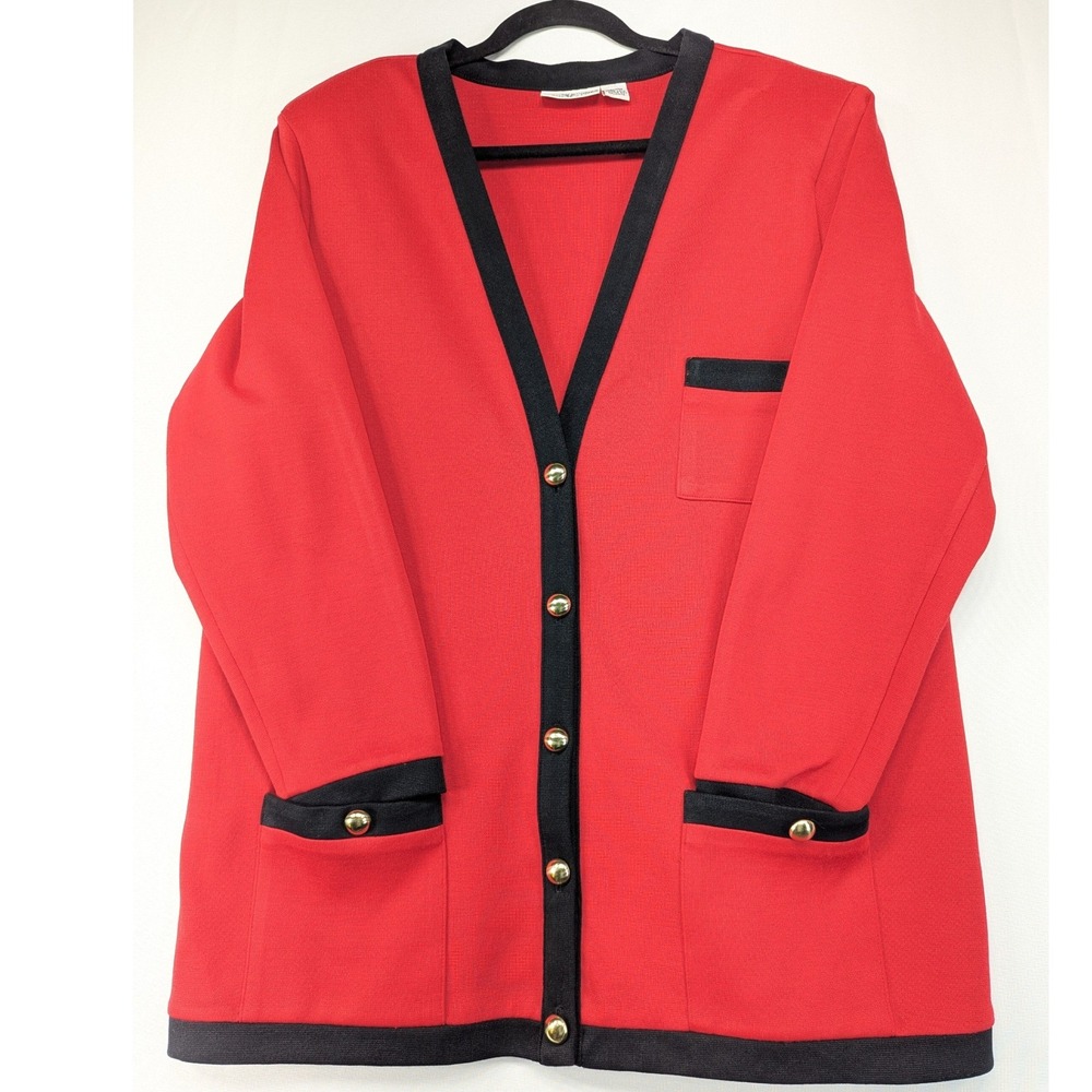 Alfred Dunner Vintage Red Black Contrast Trim Gold Button Cardigan Sweater Sz 20